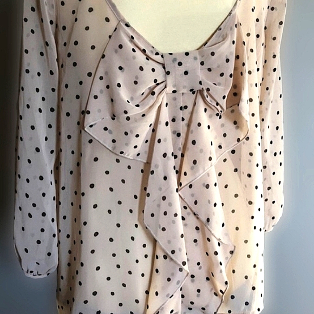 ModCloth Lovely Day Polka Dot Back Bow Chiffon Blouse in Cream size M/L